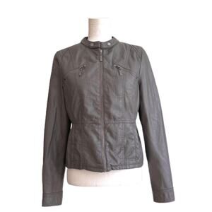 Jou Jou Jacket Gray Faux Leather Detachable Hood Fitted Pockets Moto Coat Medium